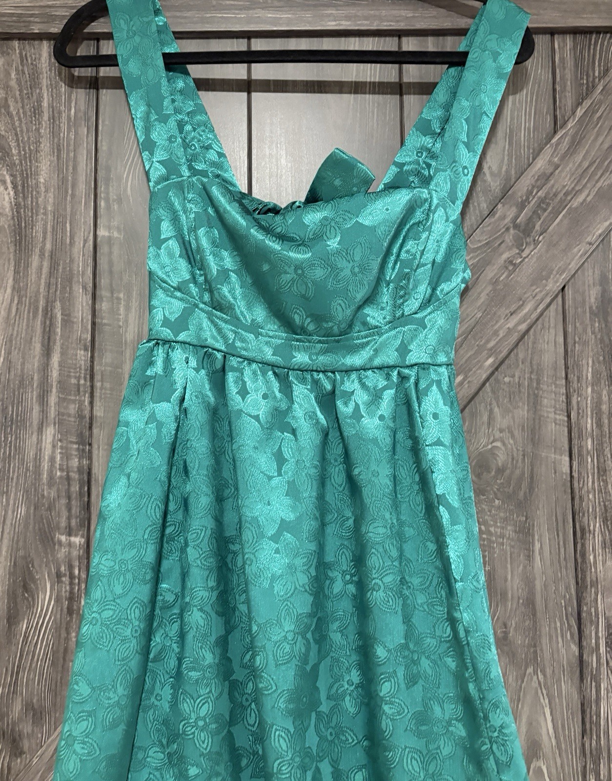 Lucy in the Sky Satin Jacquard Tie Open Back Dress in Emerald Green Sz Small