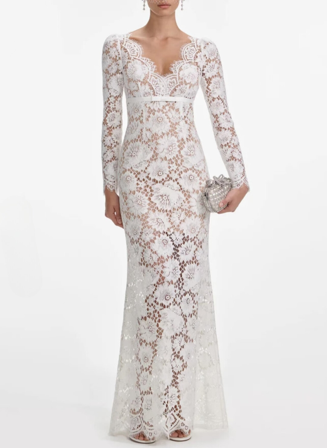 Women Self-Portrait V-neck Embroidered Slim Fit Long Sleeve Maxi Dress