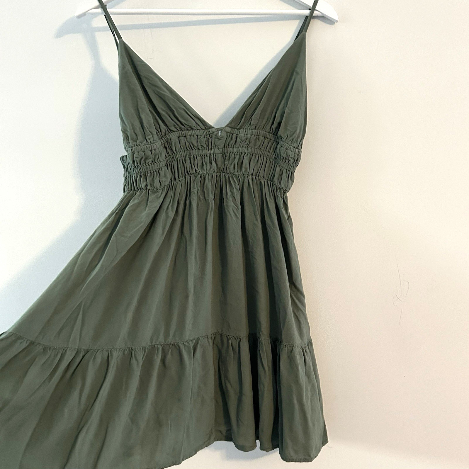 Aeropostale Babydoll Mini Dress SzM Sage Tiered Smocked Fairycore Festival Boho