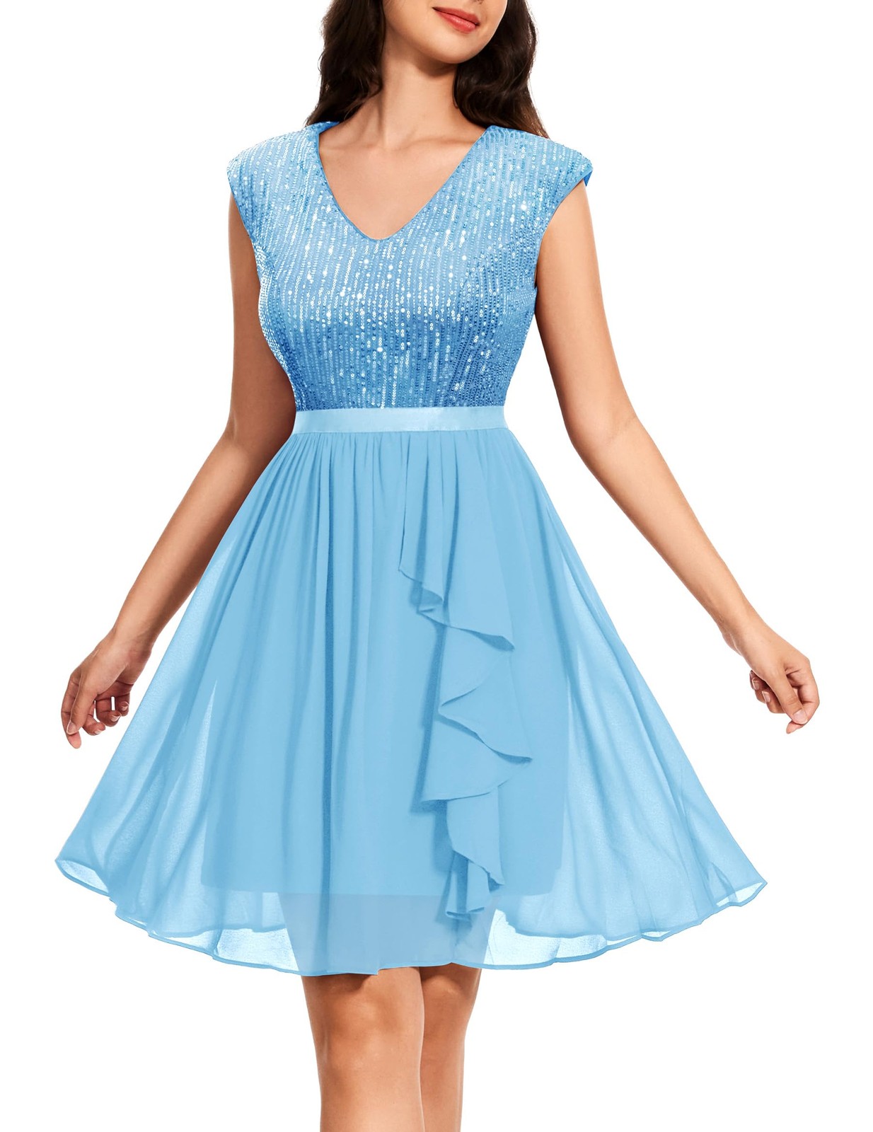 Wedtrend Women’s Sequin Dress WTS6005 Small Blue A-Line Ruffled Hem Glitter