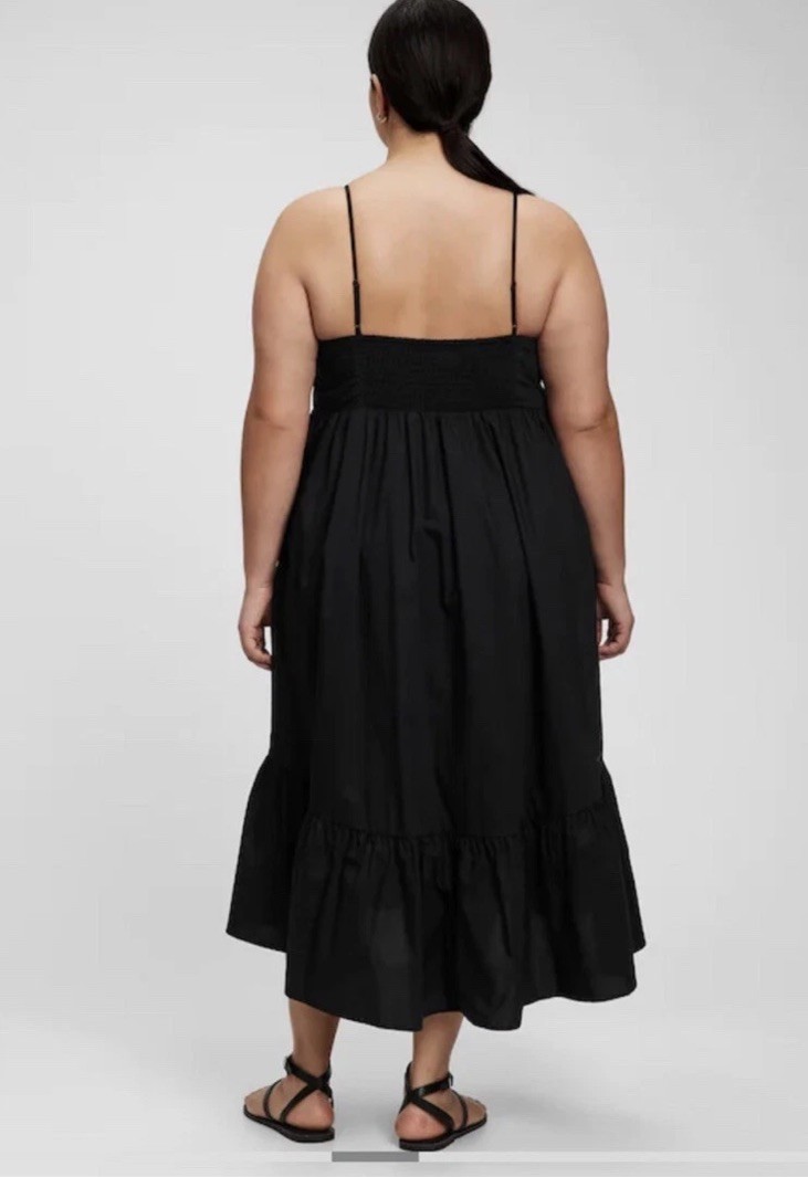 GAP Black V-Neck Spaghetti Strap Tiered Skirt Midi Dress L Minimal Capsule Chic