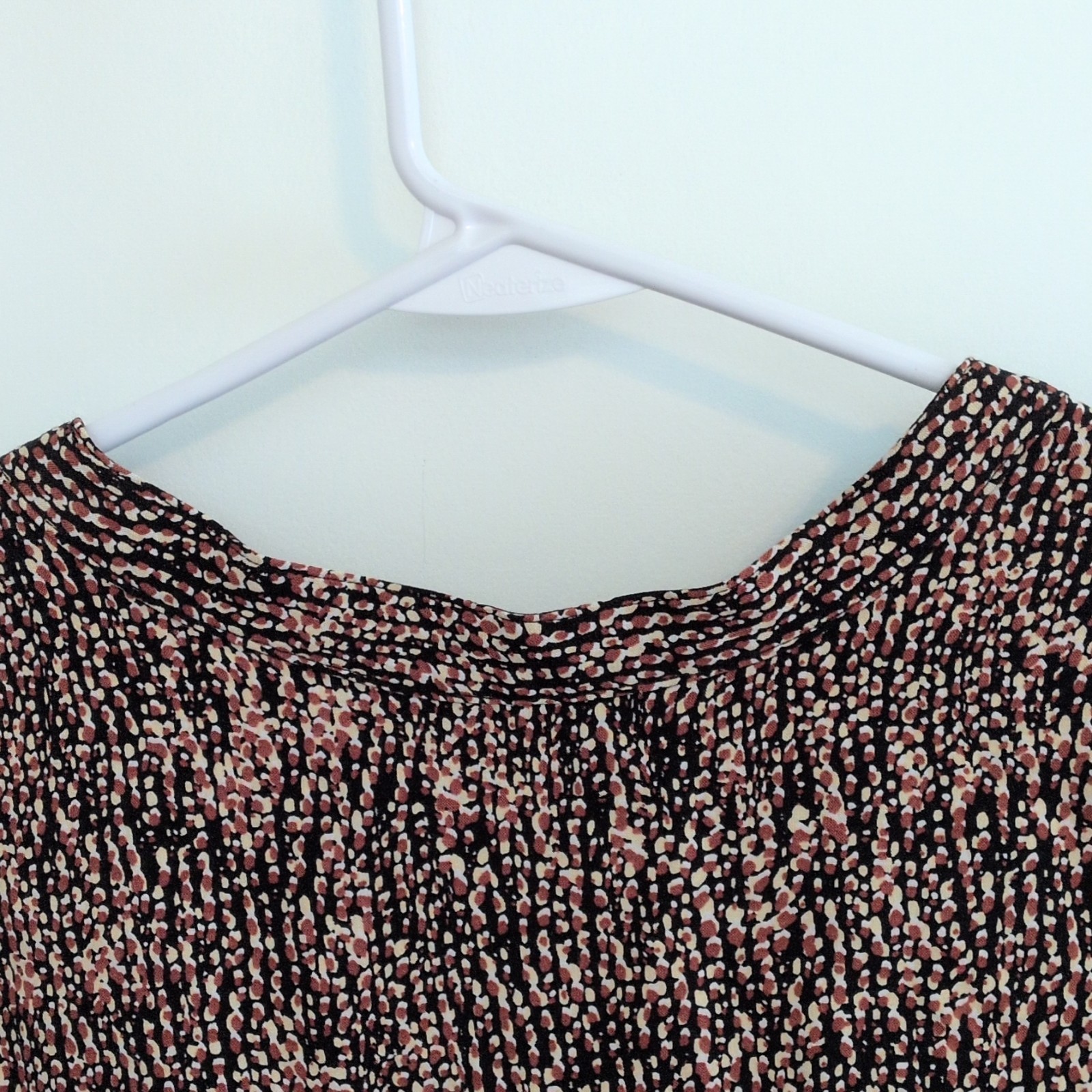 Liz Claiborne Black Brown White Abstract Sheath Cinch V-Neck Cap Sleeve Summer L