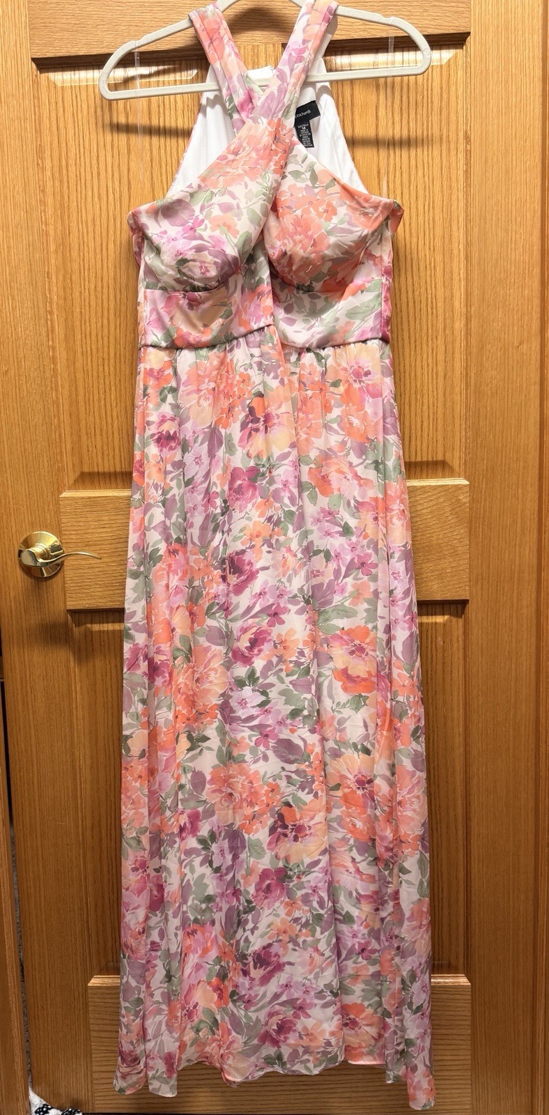 R&M Richards Women’s Size 14 Pink Floral Halter Chiffon Lined Zip Maxi Dress