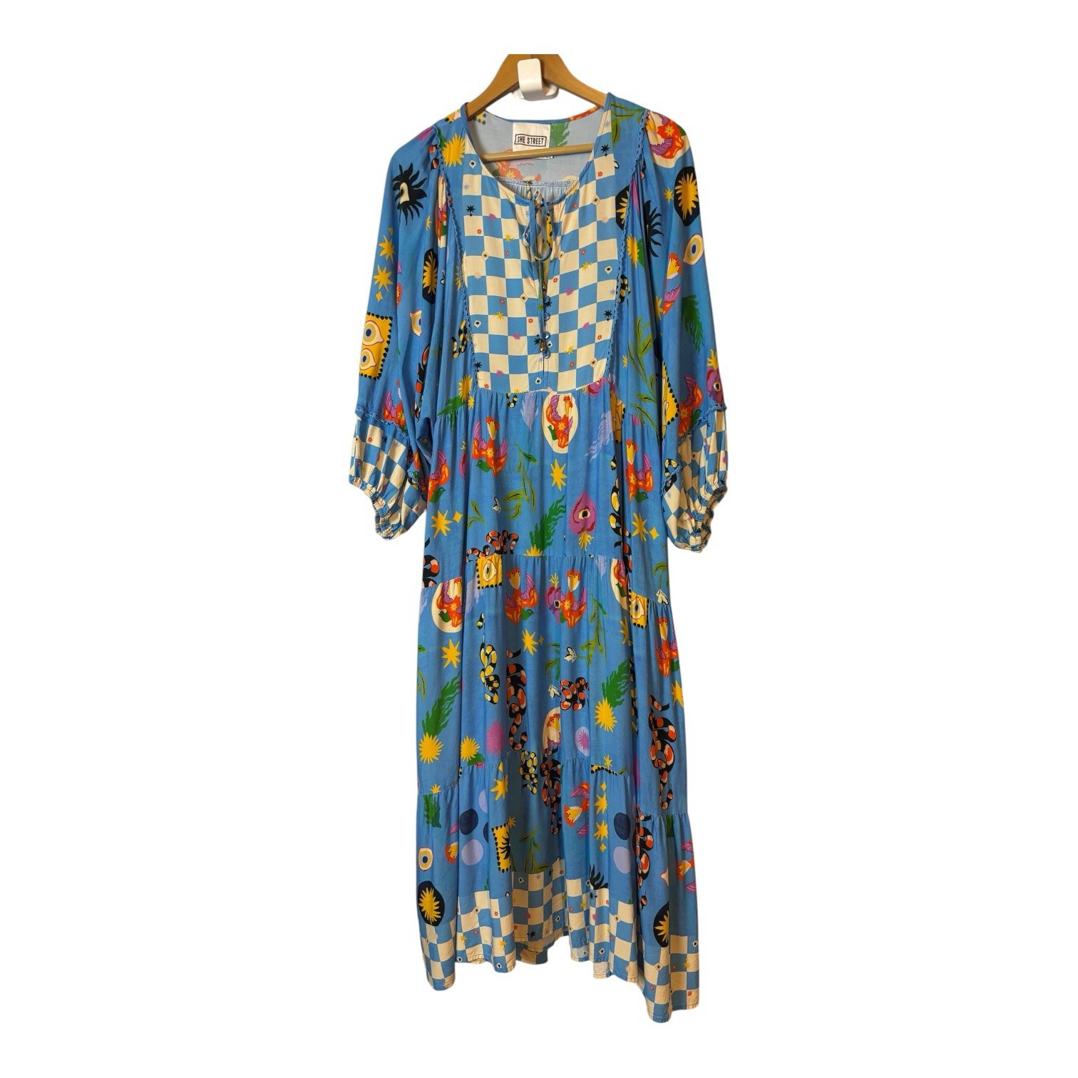 She street maxi Dress boho graphic print multi 3/4 puff sleeve women’s Sz L/XL