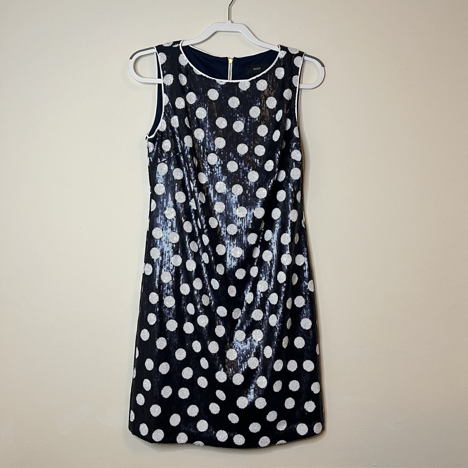 maia sequin blue & white polka dot sleeveless party dress zip up women’s 10
