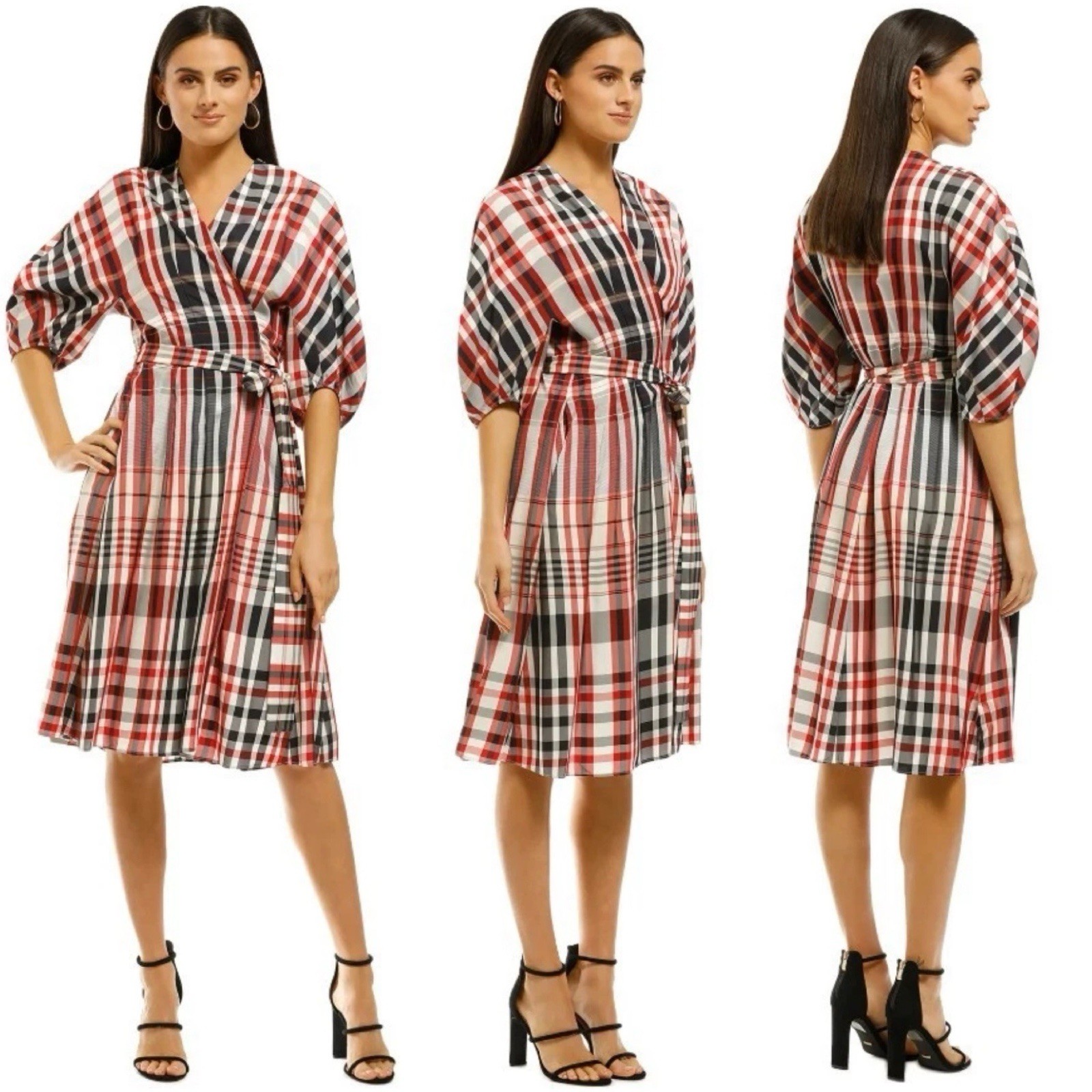 SCANLAN THEODORE Plaid Cocoon Sleeve Wrap Dress Women Size AU 8 US 4 Stripe Red
