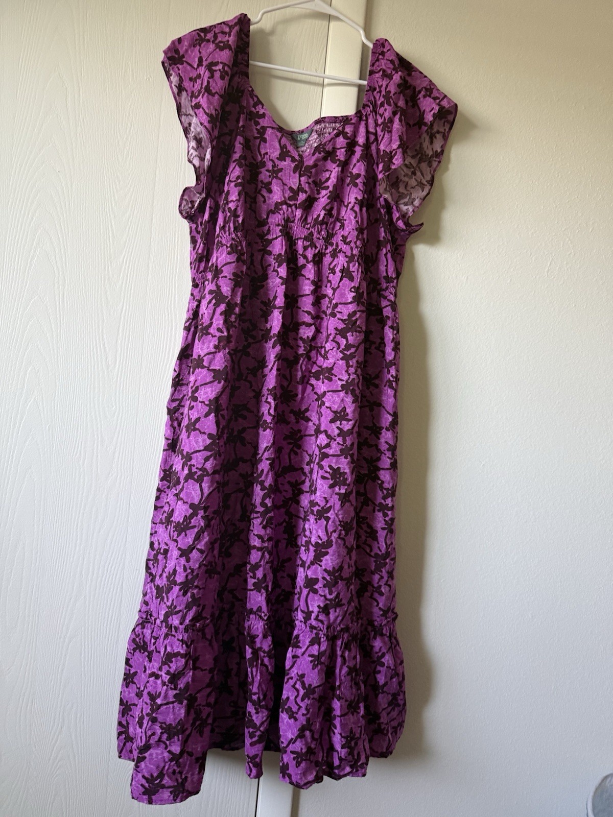 Terra & Sky Purple Black Floral V-Neck Smocked Midi dress 1X