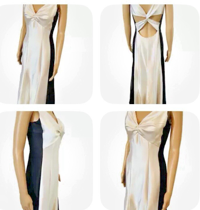 VTG JESSICA MCCLINTOCK White/Black Criss Cross Back Evening Gown Maxi Dress Sz 6