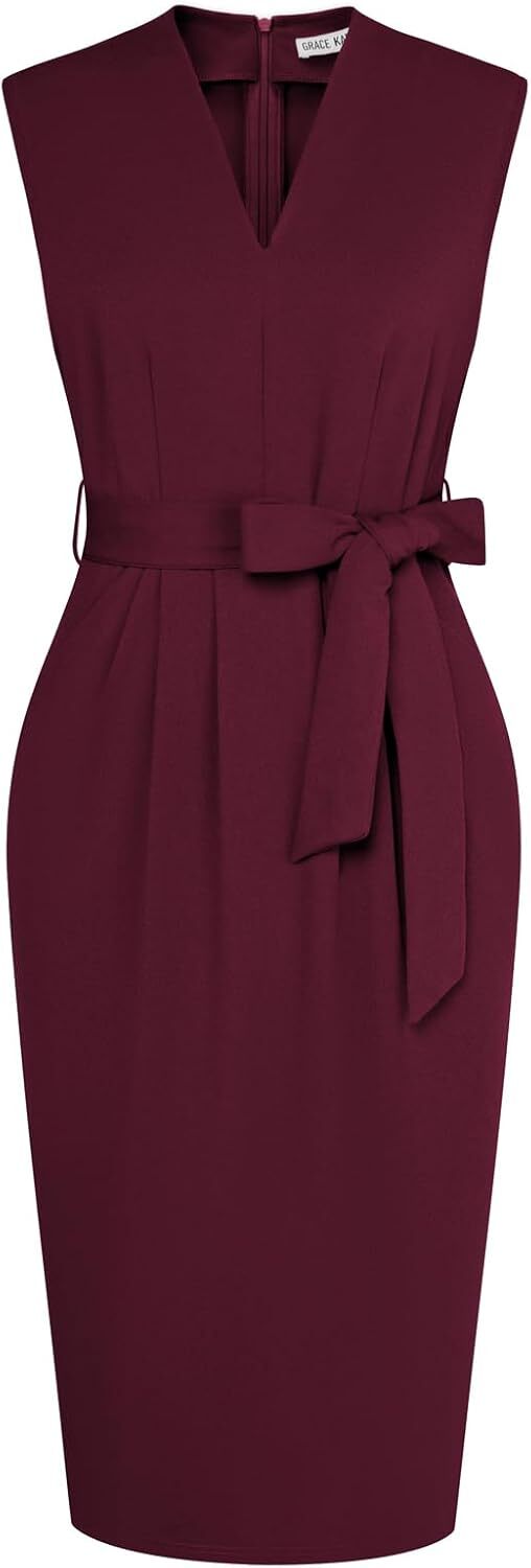 Women’s Sleeveless V-Neck Bodycon Sheath Dress – Zipper Up & Pockets Style
