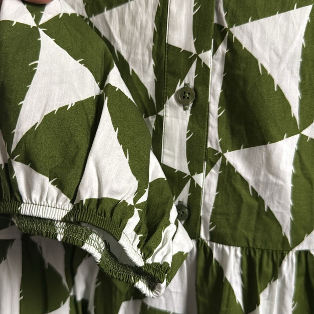 The Bettina Tiered Shirt Dress by Maeve Color: Green & White Triangles