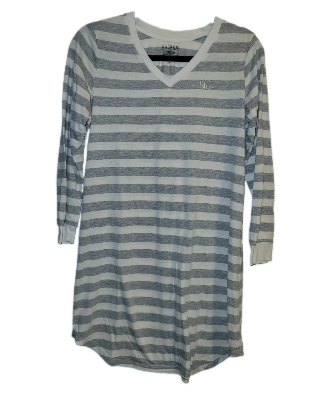 Lauren Ralph Lauren Gray White Striped V-Neck Long Sleeve T-Shirt Dress M