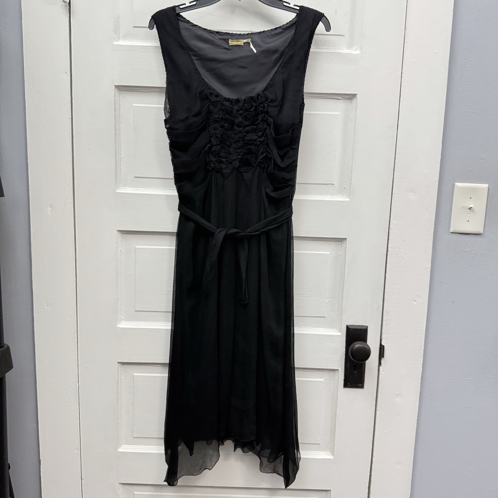 Midi Dress Ruched 100% Silk Bodice Belted Max Studio Womens S Black