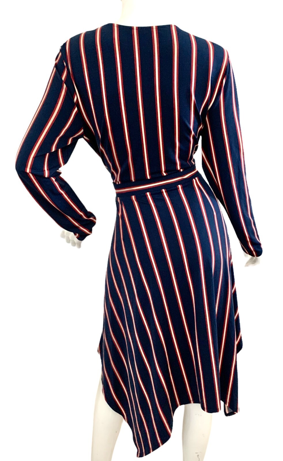 {BCBG} Dress Wrap Asymmetrical Hem Blue/Red/Beige Stripe Jersey Stretch ~L