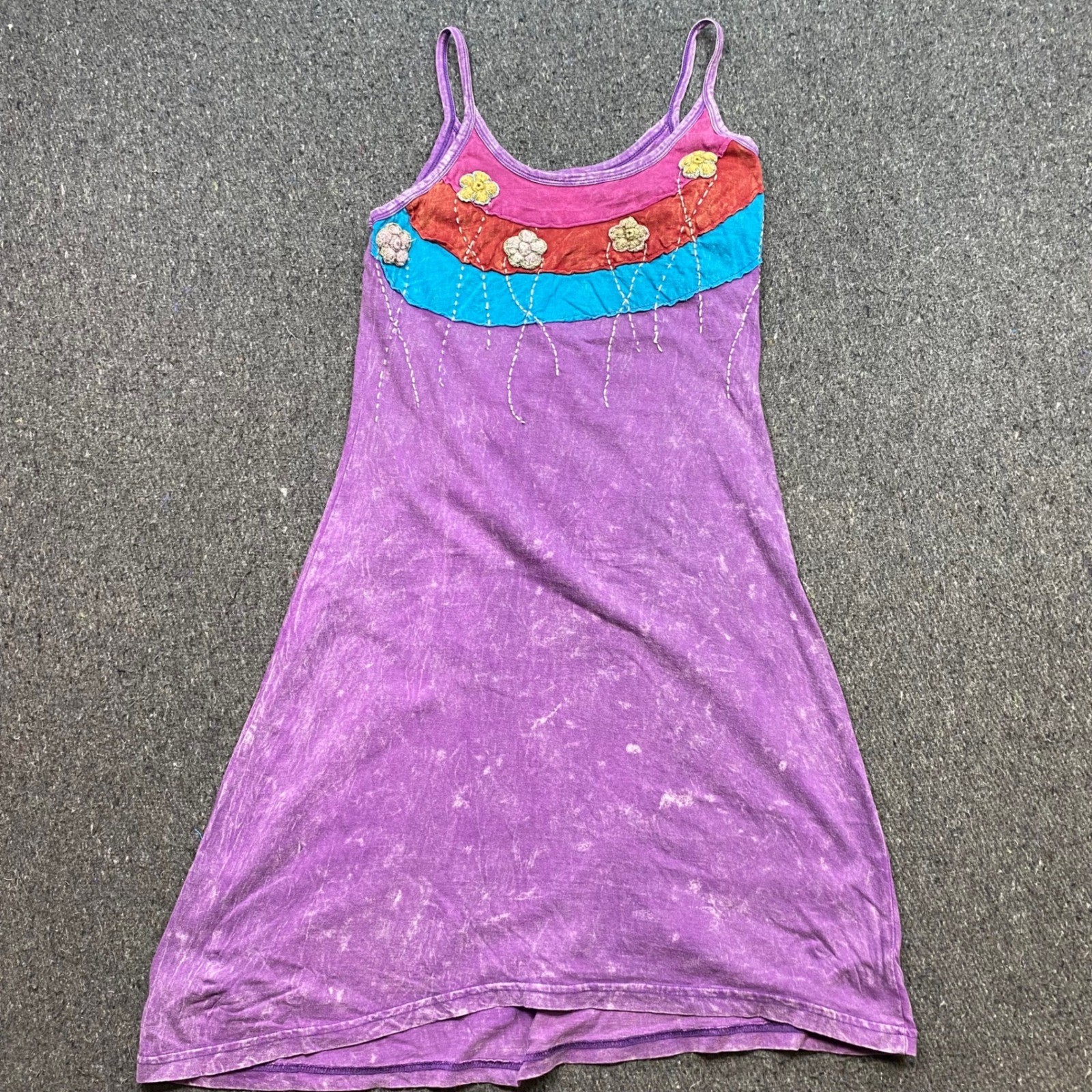 Mini Dress Sz S Womens Purple Boho Skater Acid Wash Crochet Flower Ruffle 90s