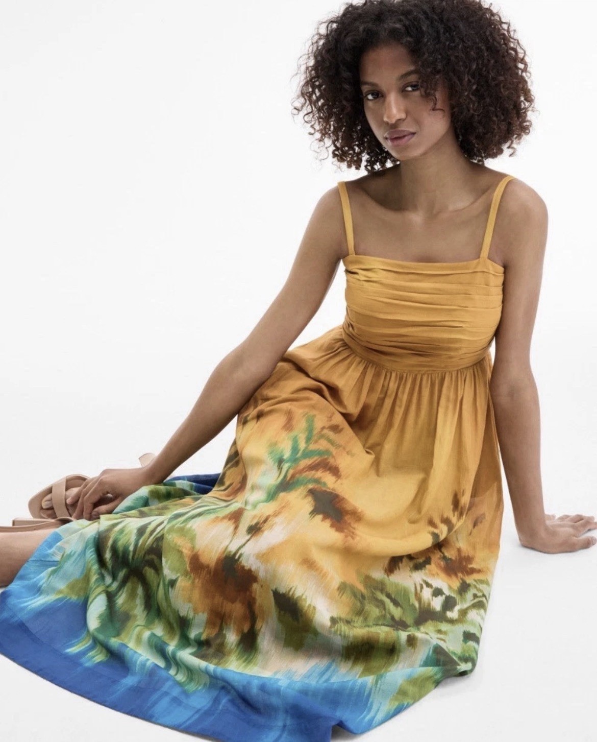 Tahari ASL Womens Ruched Bodice Border Print Midi Dress In Mustard Haze –