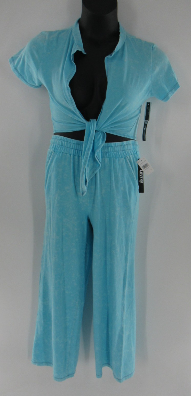 Women 2 PIECE Blue Acid Wash Crop Top Front Knot & Pant Set Size: Large NEW Y2K