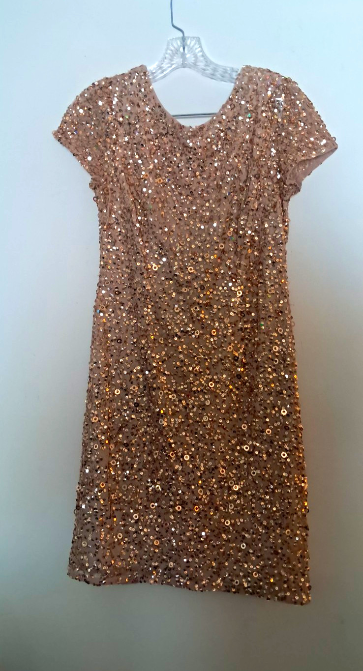 Adrianna Papell Gold Sequin Mesh V-Neck Sheath Cap Sleeve Dress Size 6