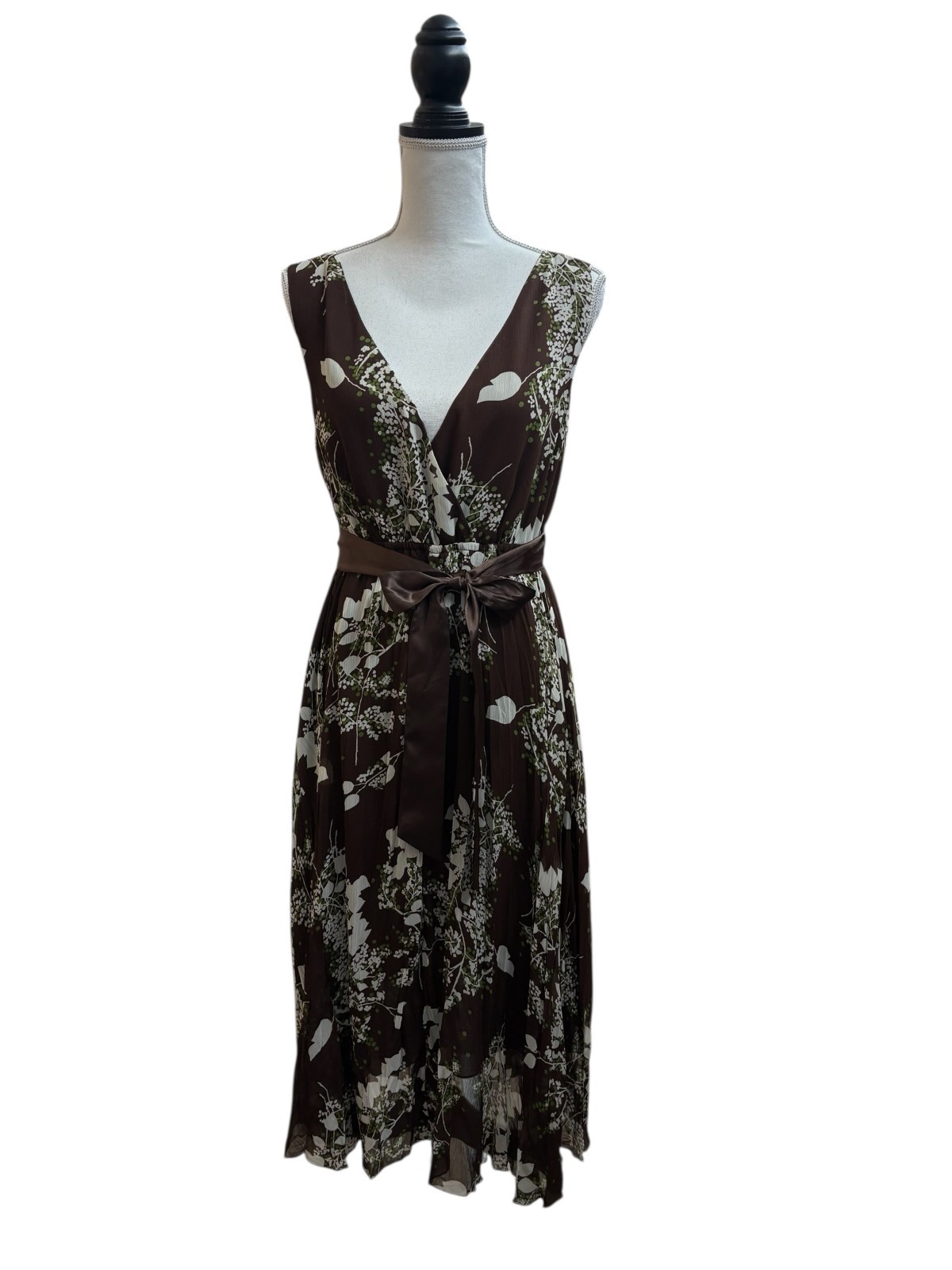 John Paul Richard Wrap Dress Womens Large Brown Floral Pleated Tie Waist V Neck