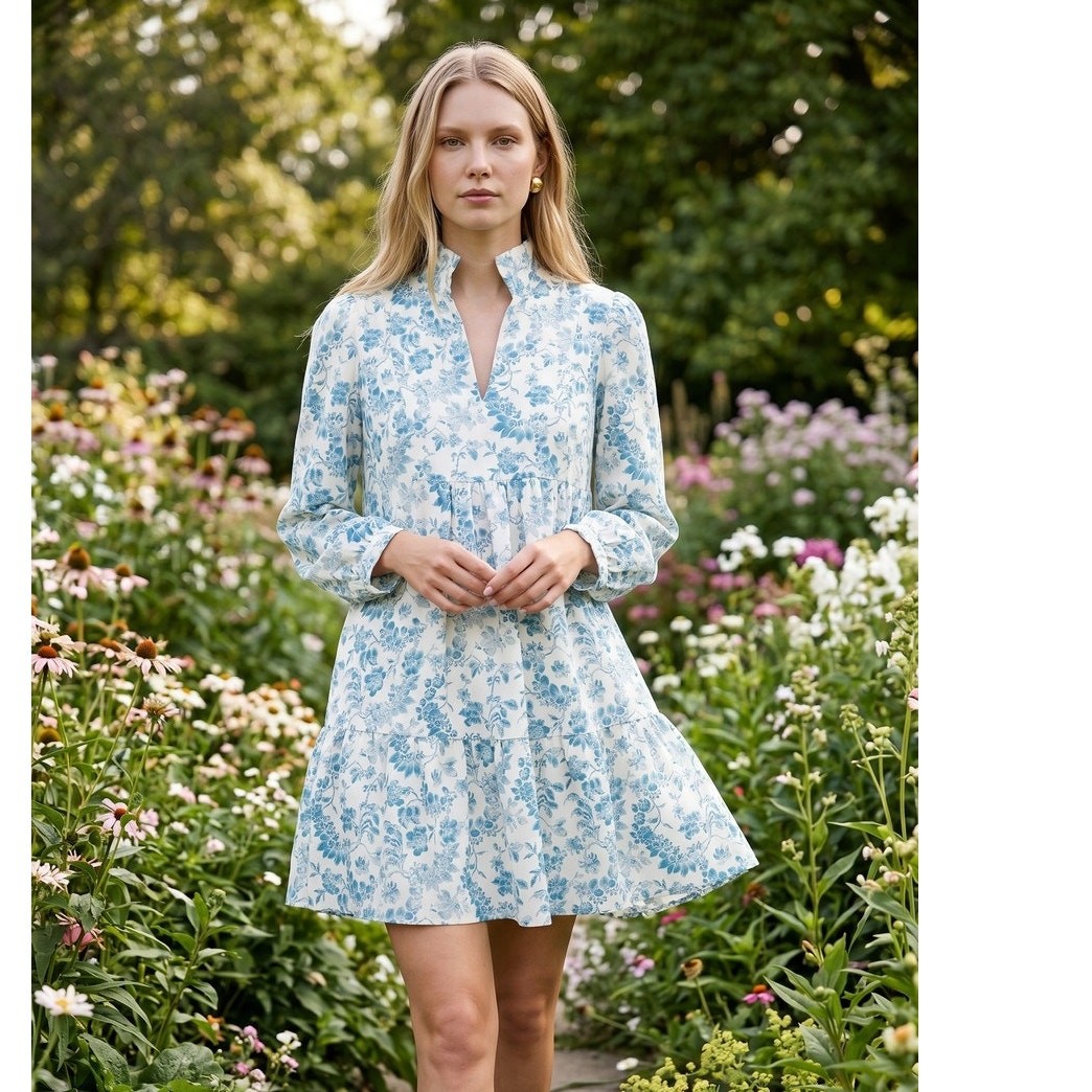 Tuckernuck Womens Jardin De Fleurs Crinkle Palmerston Dress Medium White Blue