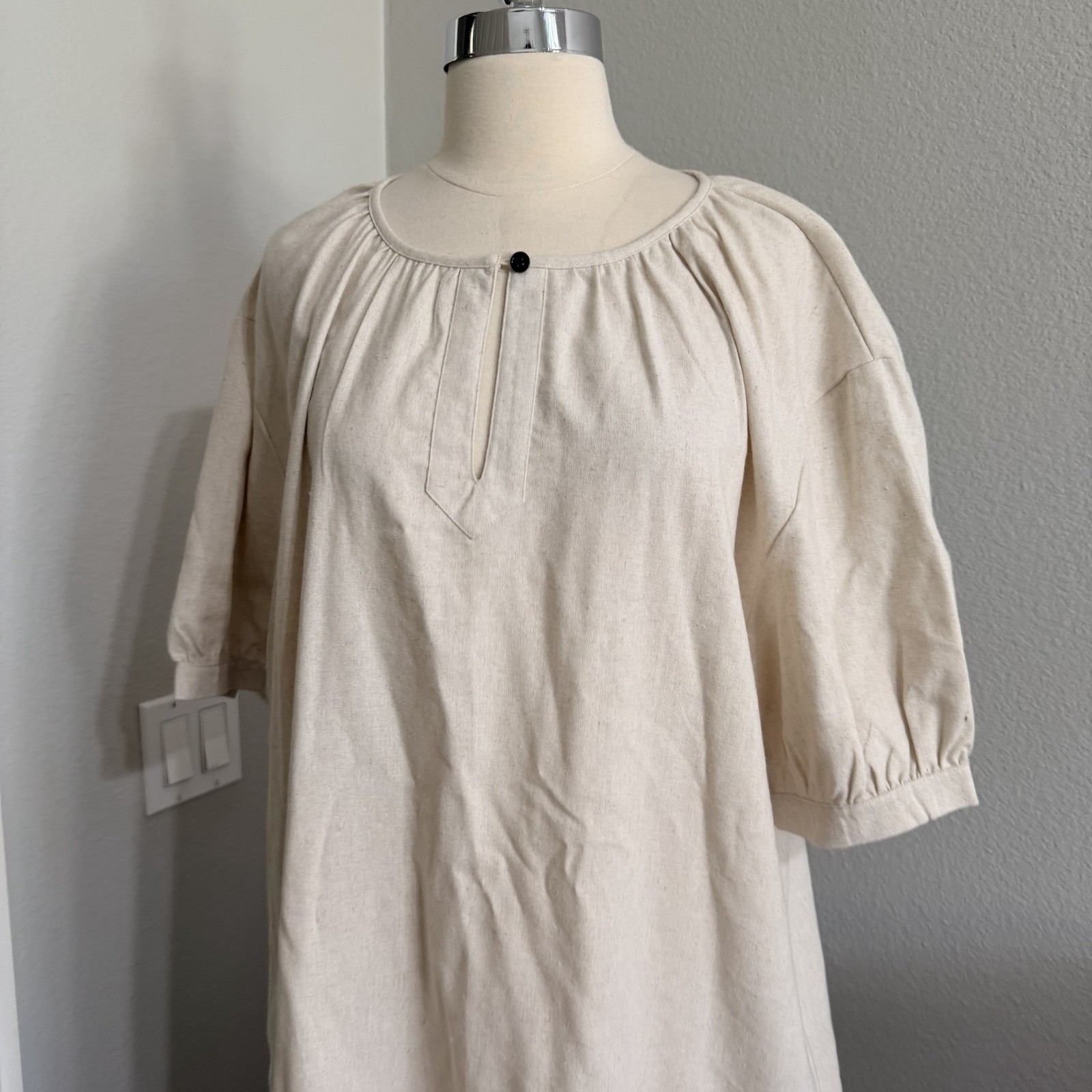 Ivory Linen & Cotton Blend Shirt Dress Midi Popover 3/4 Balloon Sleeve