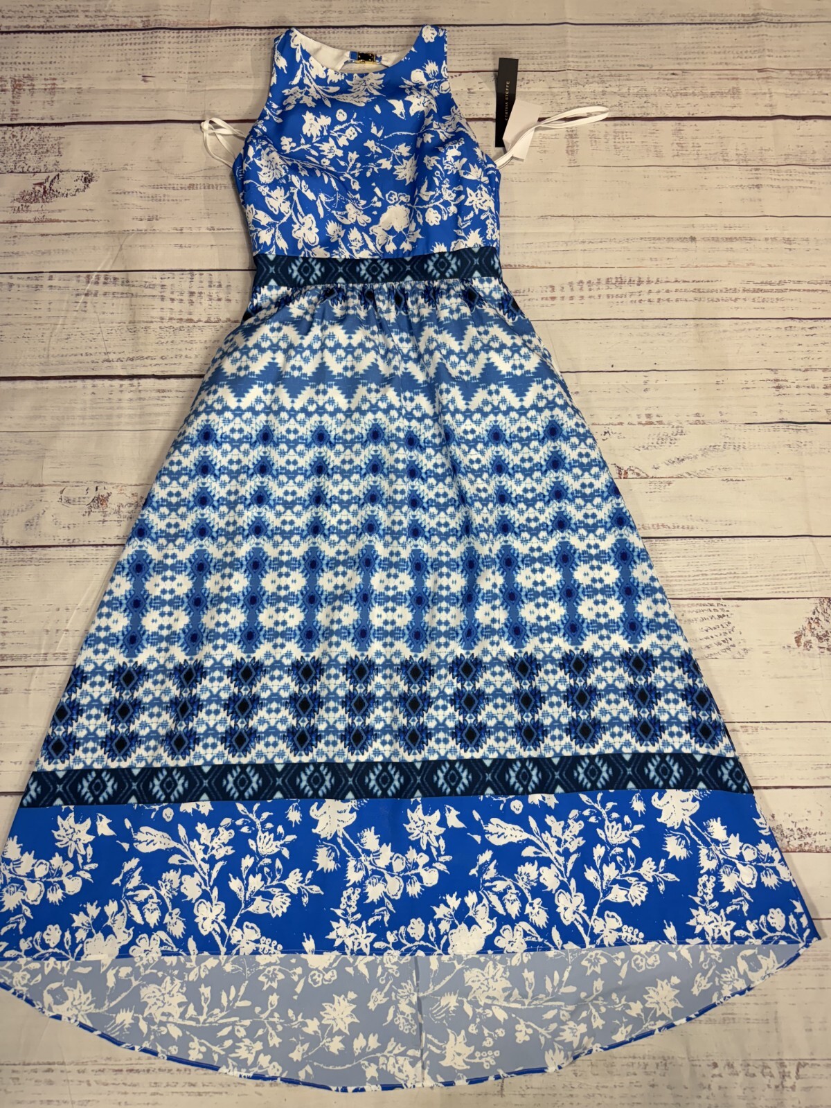 Cynthia Steffe Blue Floral Mosaic Fit & Flare Long Dress Open Back Sz 2 NWT