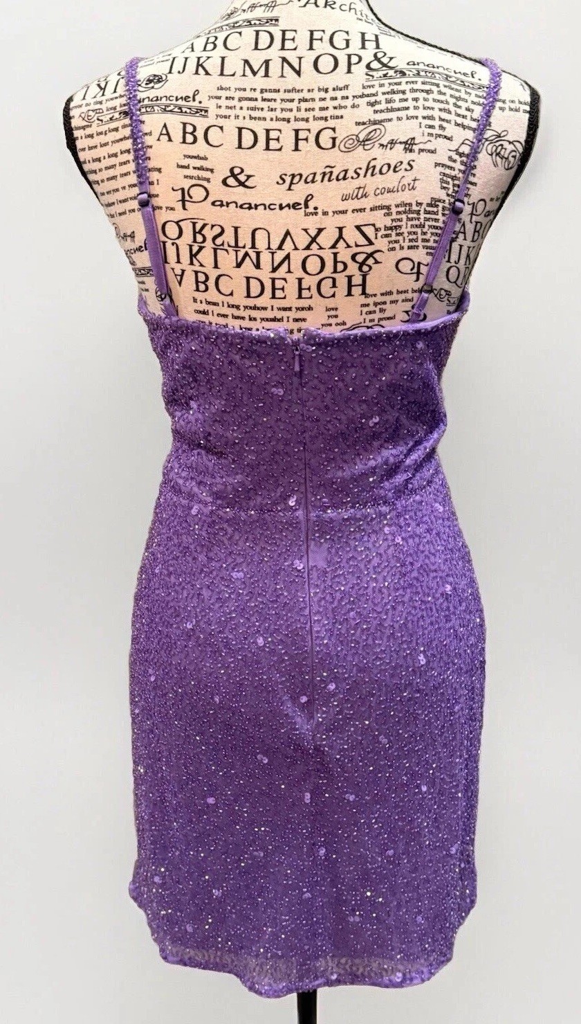 Aleta Purple Spaghetti Strap Sequin Beaded Mesh Cut-out Adjustable Mini Dress 2