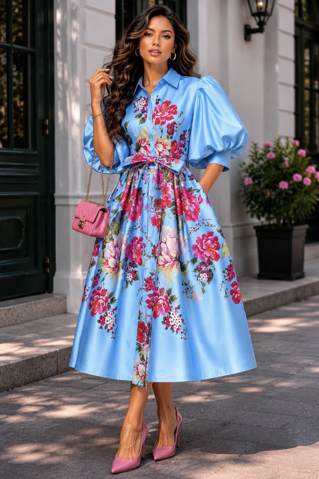 New🌺 Nancy Yang Sky Blue Satin Midi Dress Button Front Puff Sleeves Pockets L