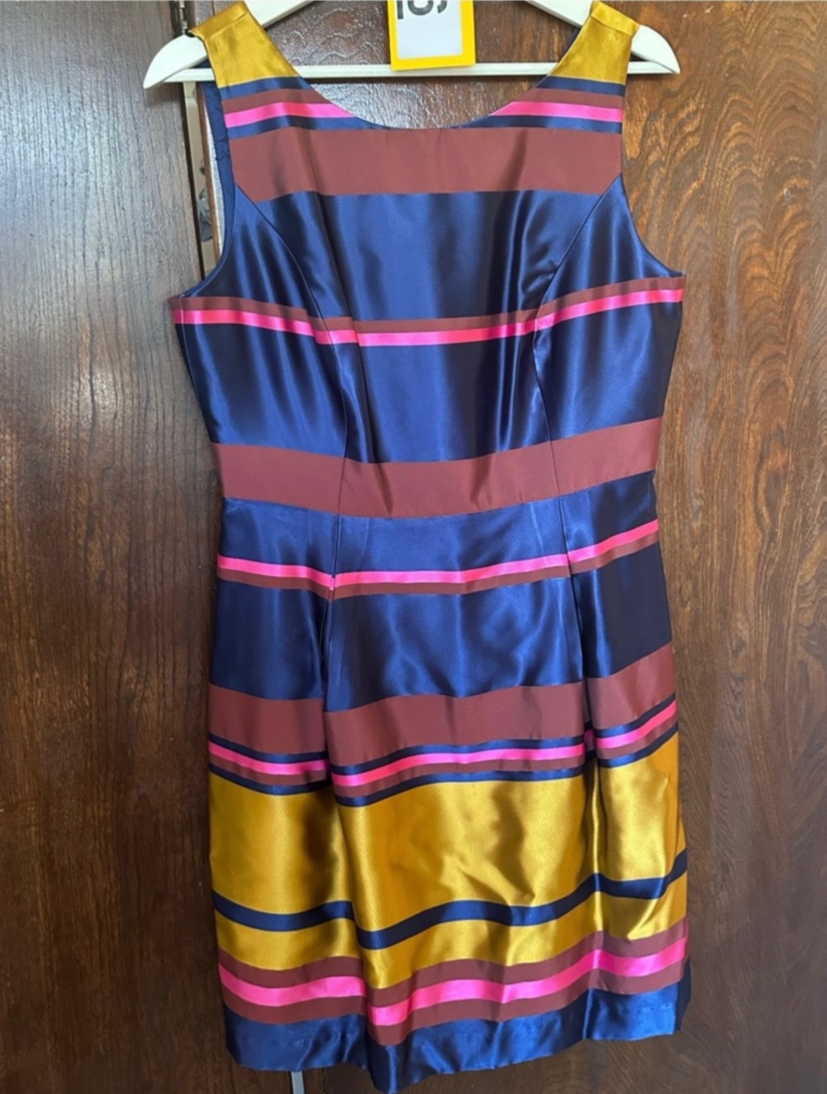 Trina Turk Navy, Gold, Pink & Burgundy Striped Satin Midi Dress Large 8-10