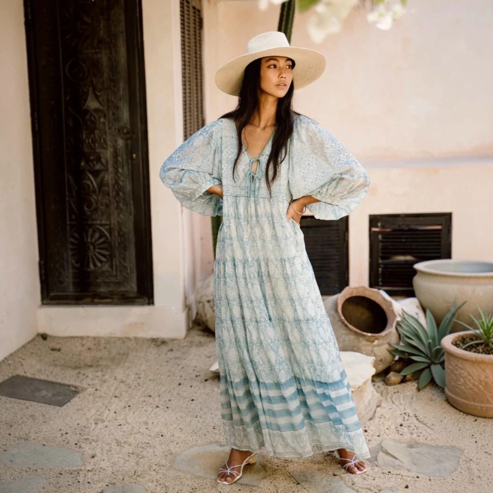 Daughters Of India Jasmine Maxi Dress Size L AU 12-14 US 8-10 Sea Mist Print