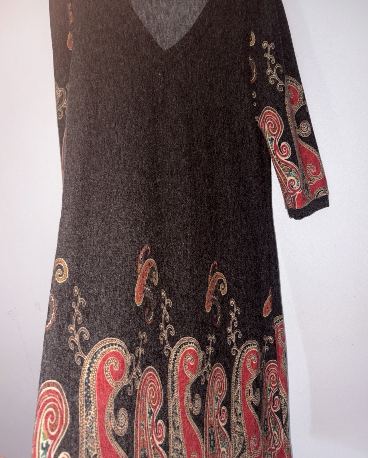 Papillon Midi Sweater Dress Gray With Paisley Design 3/4 Sleeve Pullover XL