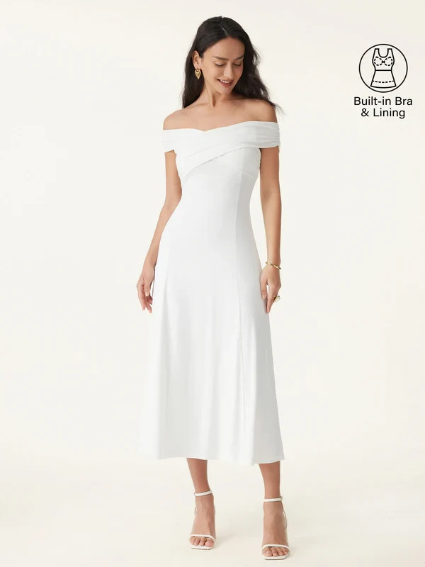 OGLmove Flowy Criss Cross Off-shoulder Midi Brami Dress Built-in Bra Dress Pocke