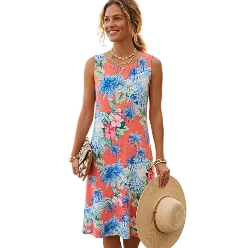 Tommy Bahama Tropical Floral Dress Womens Medium Coral Blue Resortwear Vacation