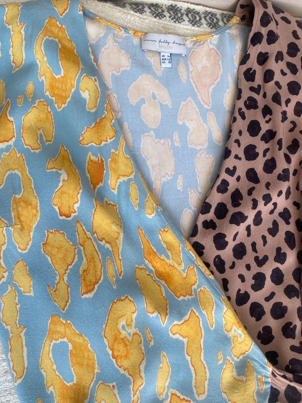 Never Fully Dressed Mixed Leopard Print Ruffle Wrap Midi Dress