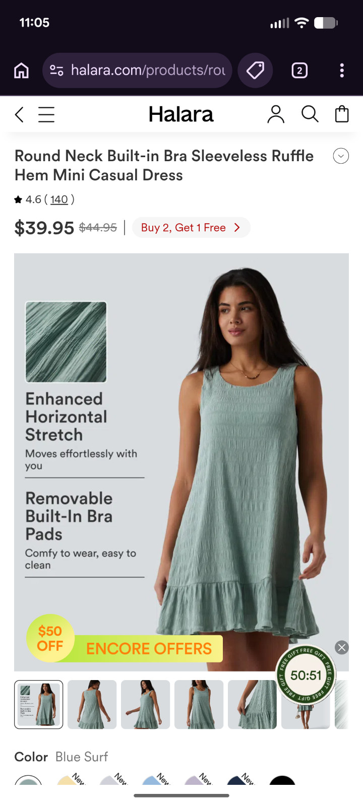Round Neck Built-in Bra Sleeveless Ruffle Hem Mini Casual Dress *1