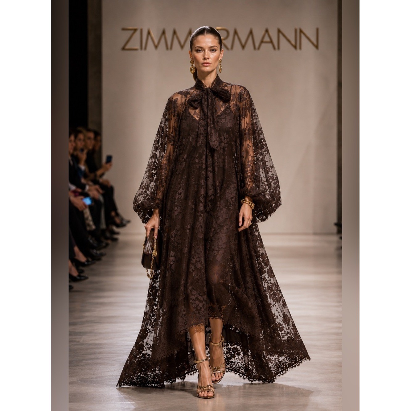 Zimmermann Brown Lace Maxi Dress with Bow Neck NWT Size Medium