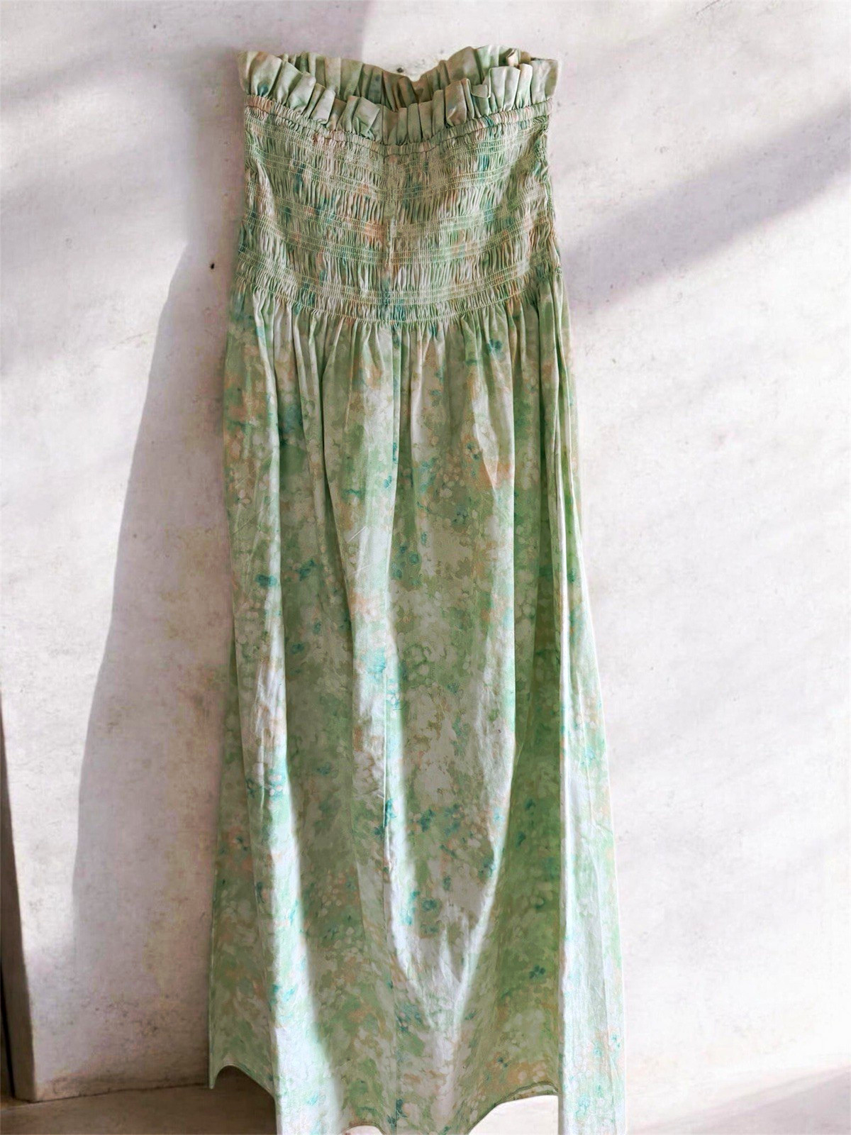 Women’s Green/White Tie-Dye Strapless Smocked Maxi Dress Regular Size S
