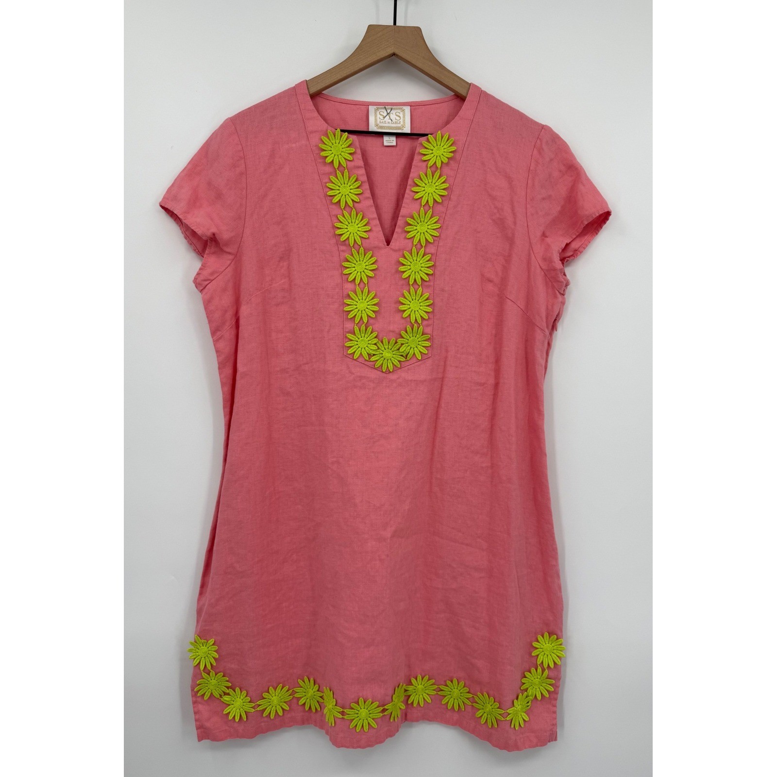 Sail to Sable Dress Women Large Pink Orange 100% Linen Floral Applique Colorful