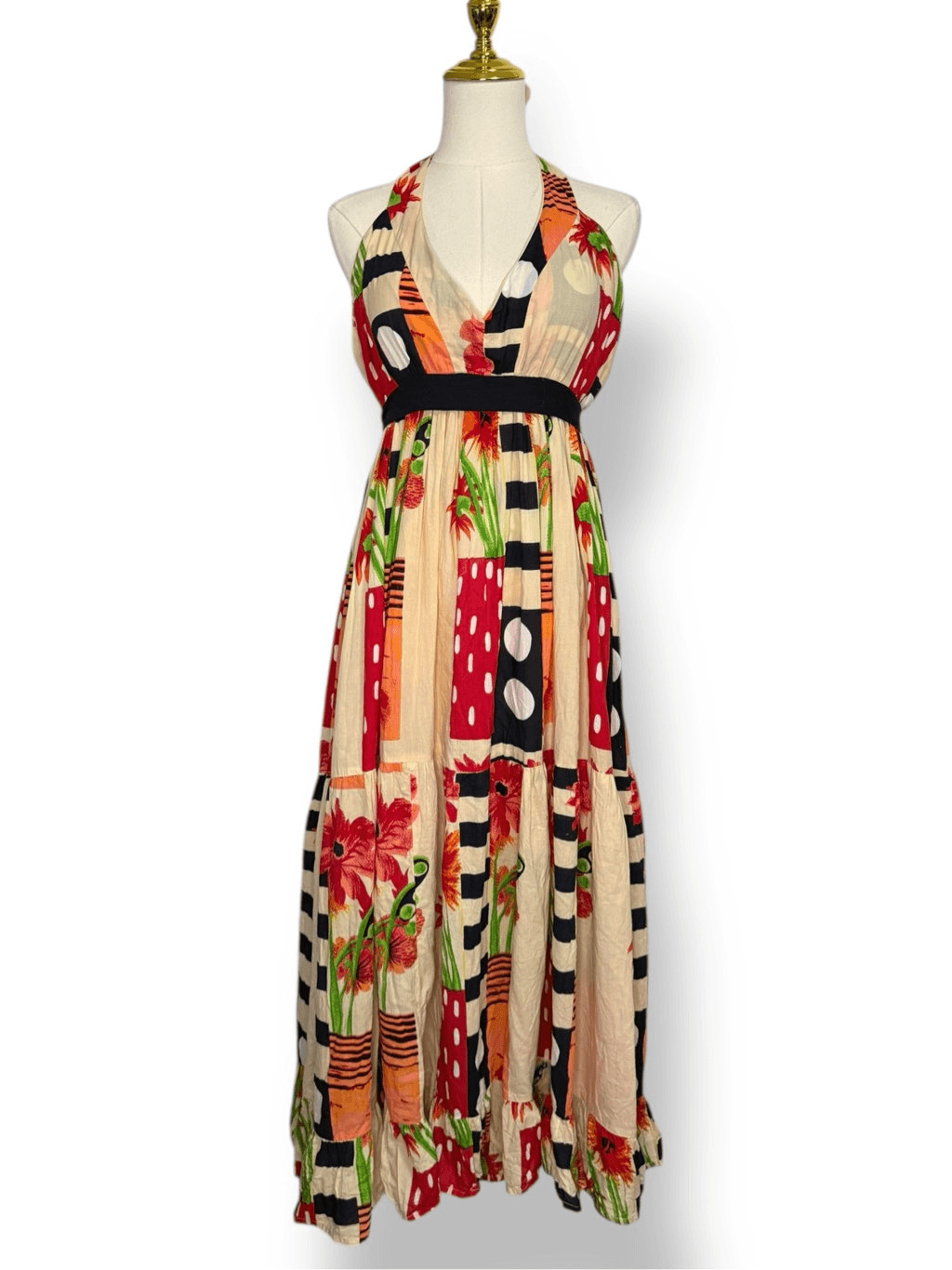 Advance Apparels Women’s XL Floral Midi Dress Halter Tiered Geometric Patchwork