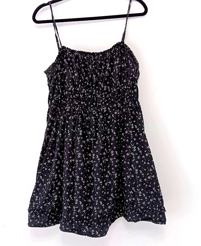 Free People Mini Dress L Black Floral Smocked Empire Waist Boho Festival Pockect