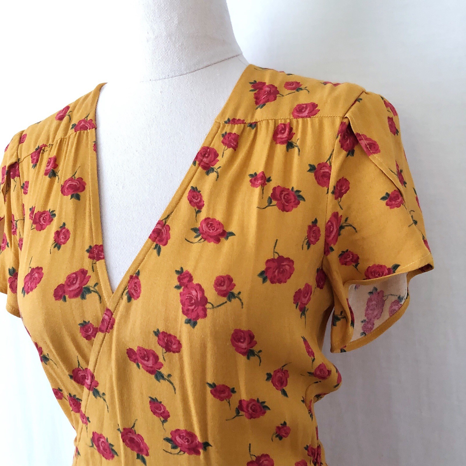Christy Dawn Autumn Wrap Dress Size Small Turmeric Rose Yellow Red Floral Midi