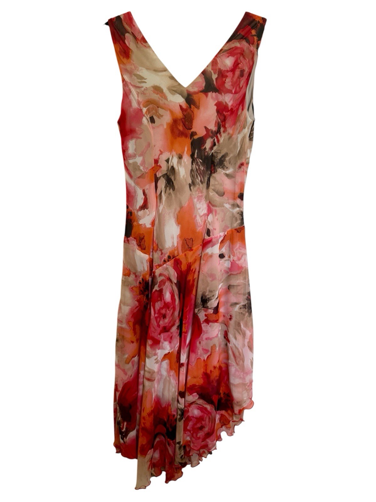 DressBarn Floral Chiffon Midi Dress Size 8 Sleeveless Handkerchief Hem EUC