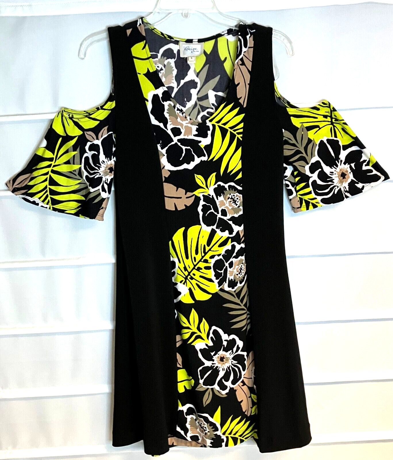 Beige by eci Green Beige White Floral Print Cold Shoulder 3/4 Sleeve Dress Small