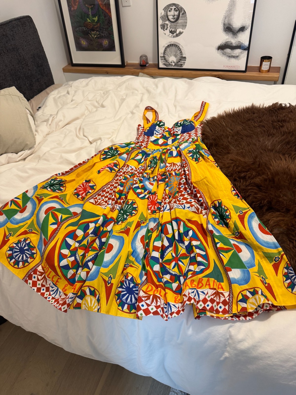 Dolce&Gabbana Yellow Marine Pattern Cloche Midi Dress