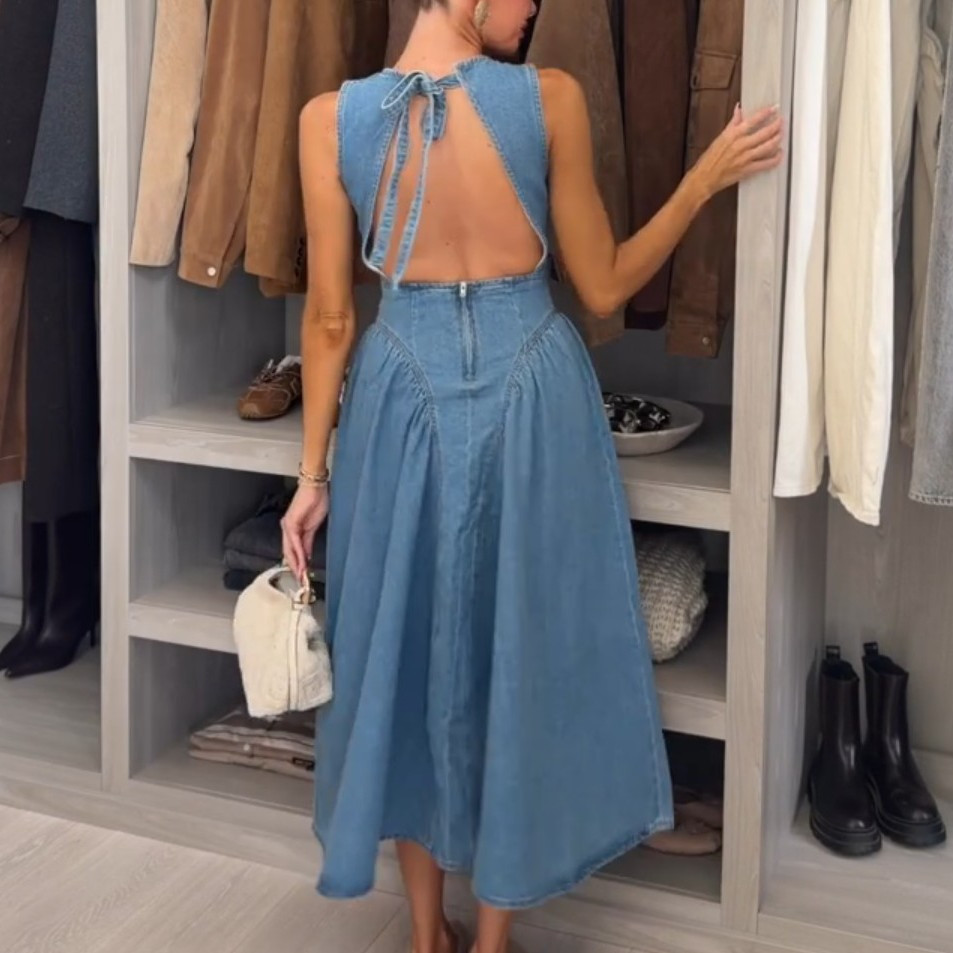 NWT H&M Open-back 100% Cotton Denim Dress Denim Blue 1310170003 Sizes M, XL