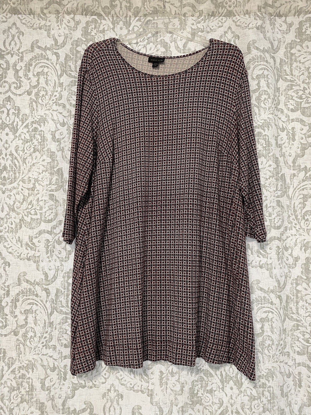 J Jill Wearever Jersey Knit Geometric Boho Lounge Tunic Shirt Dress Burgundy 1X