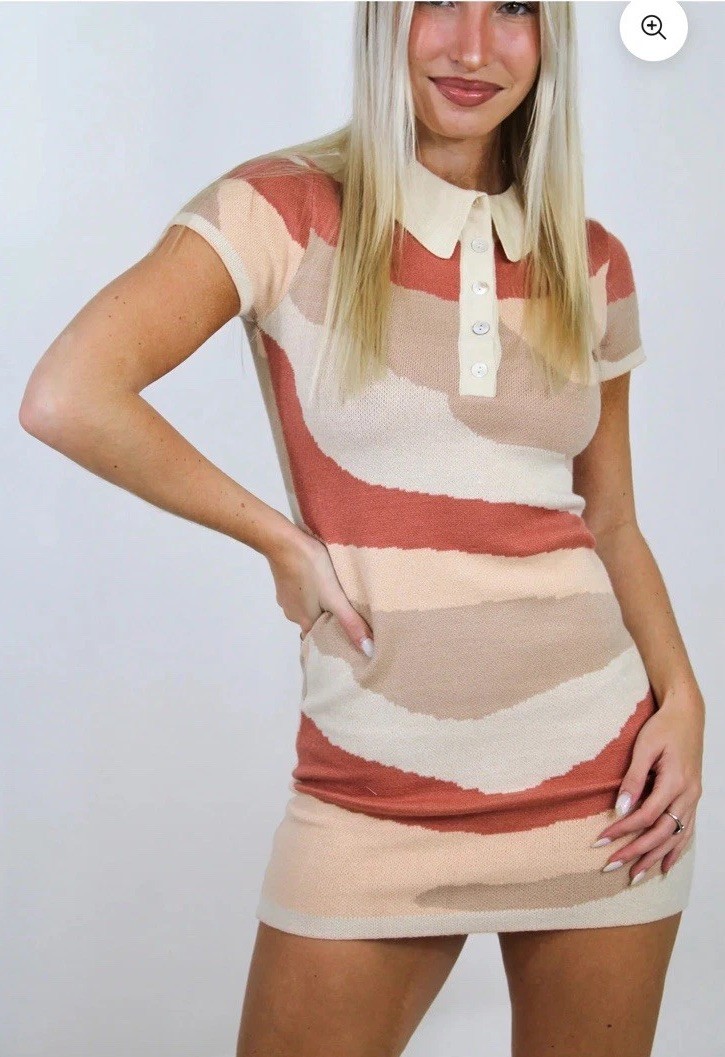 NWT Baevely Sweater Dress Womens Sz Large Pink Geometric Knit 60s Prep Mod MINI