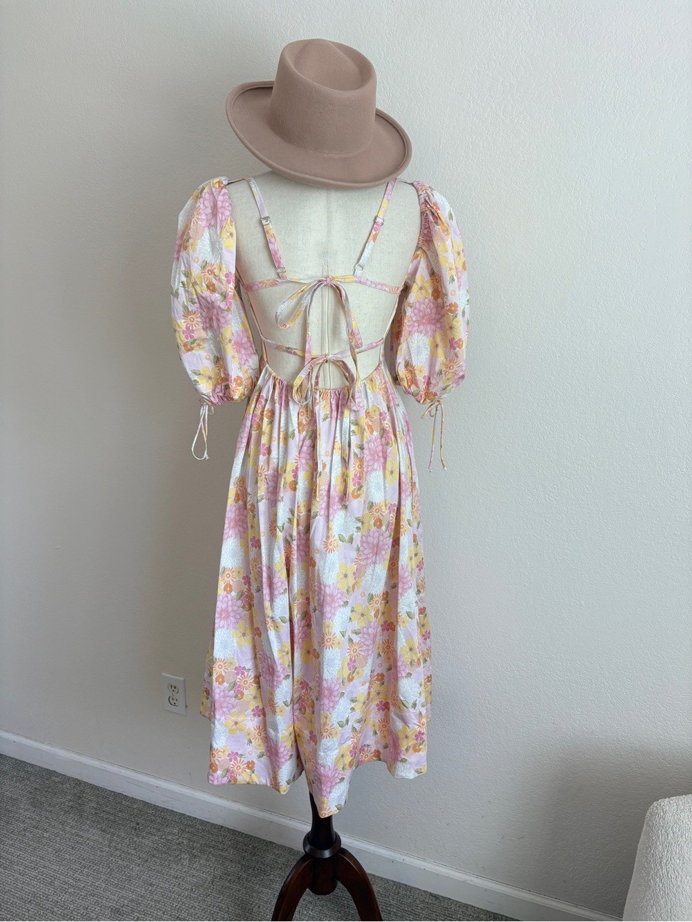 For Love and Lemons Carrie Floral Square-Neck Pink Puff-Sleeve Midi Dress