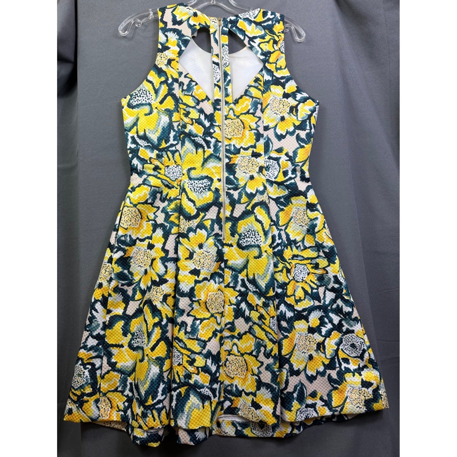 H&M Yellow Teal Floral Textured Jacquard Fit Flare Dress Back Cutout Size 12