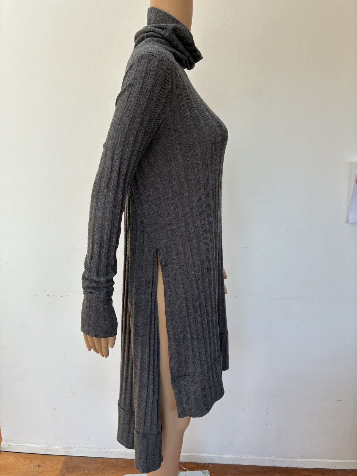 We The Free People gray rib high low split hem turtleneck tunic sweater dress S