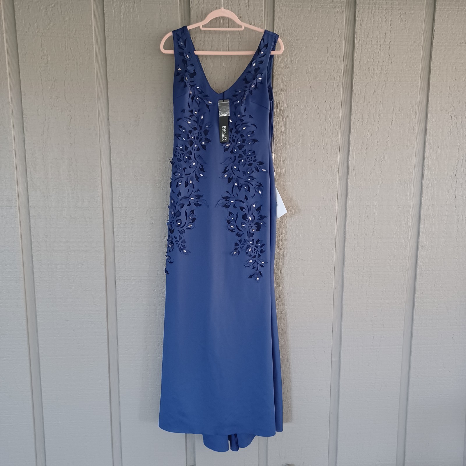 Badgley Mischka Laser Cut Floral Evening Gown Size 8 Women Mother Of Bride Navy